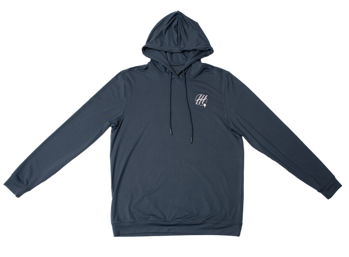 Hometown Hackers performance hoodie in navy with logo and drawstring hood premium outerwear