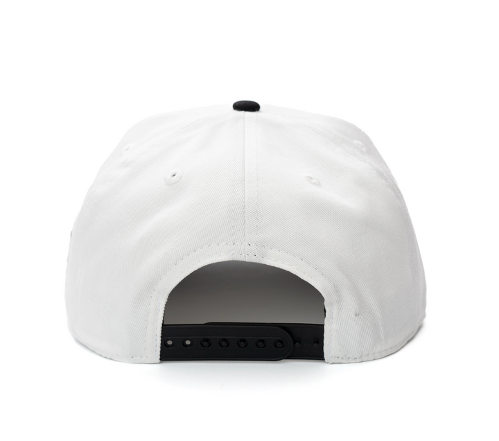 Back view of a white Hometown Hackers premium hat with adjustable black snapback closure