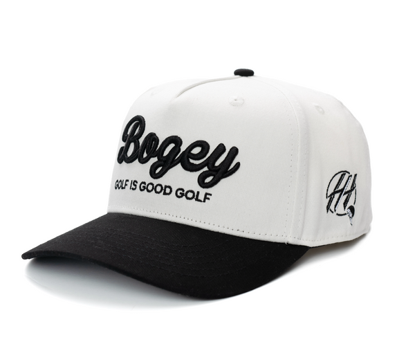 Hometown Hackers premium hat with white crown black brim featuring Bogey golf embroidery
