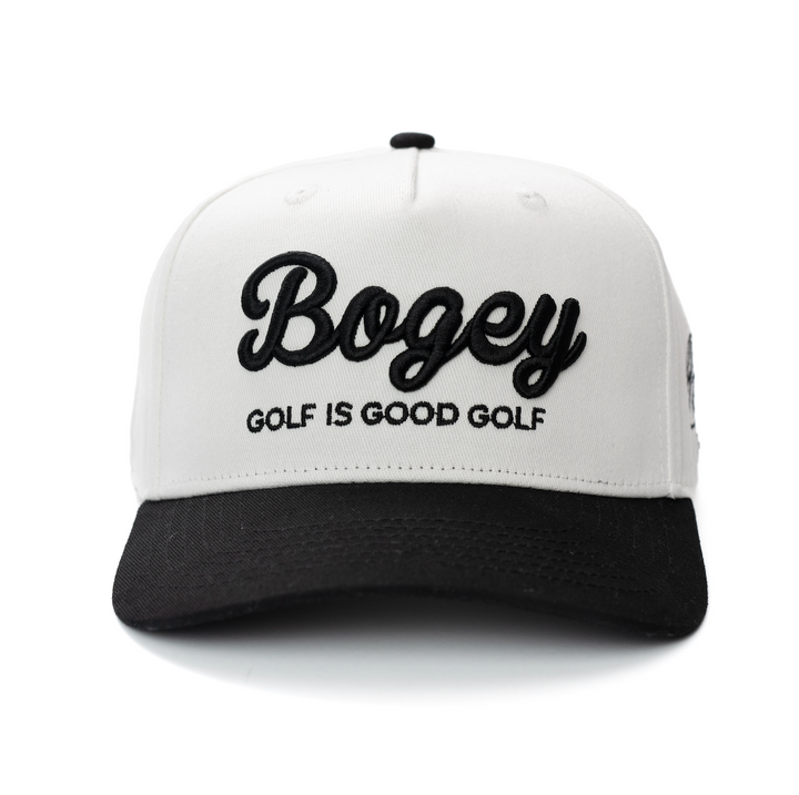 Hometown Hackers premium hat with white crown and black brim featuring Bogey golf embroidery