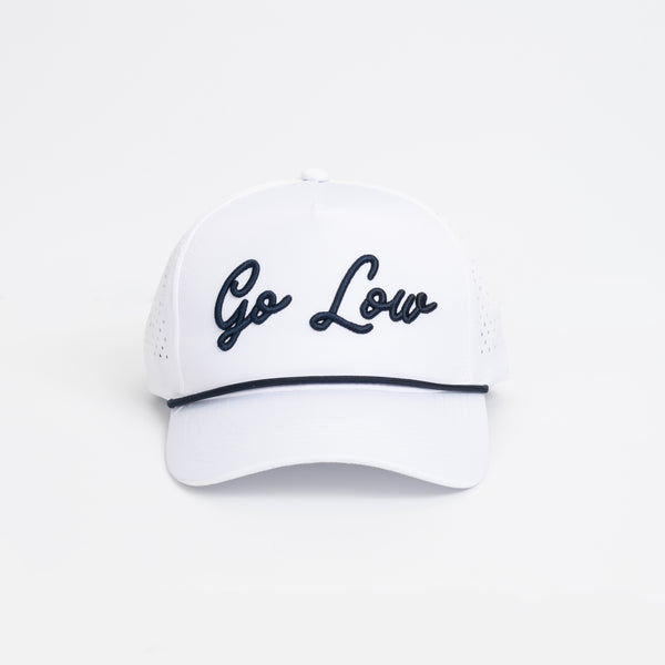 White Go Low hat for golfers with navy embroidered lettering and ventilated sides