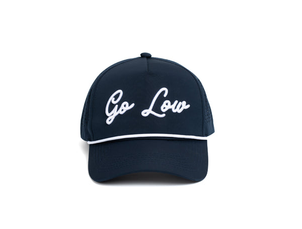 Navy blue premium golf hat with white Go Low embroidery and contrasting white detail