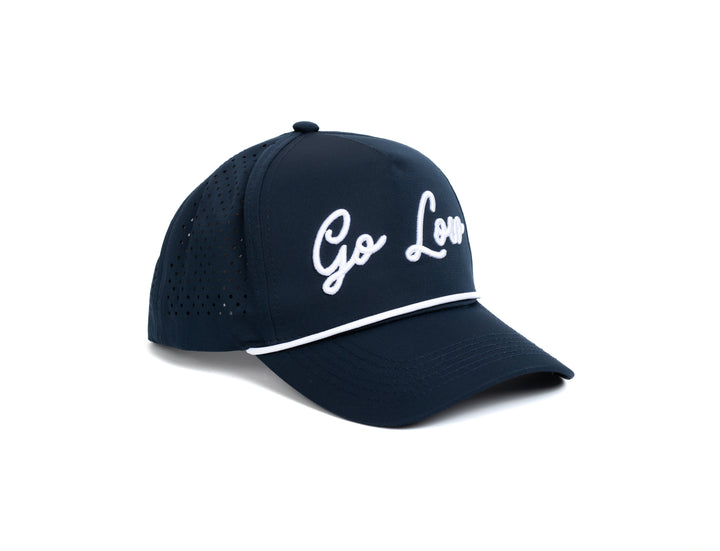 Navy blue premium golf hat with Go Love embroidered text and breathable mesh back panels