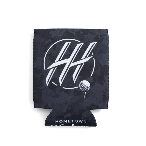 Black Hacker Koozie with white HH logo and golf ball design for keeping drinks cold