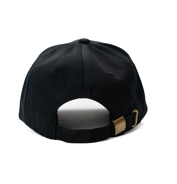 Black Hometown Hackers dad hat with adjustable strap and metal buckle shown from the back