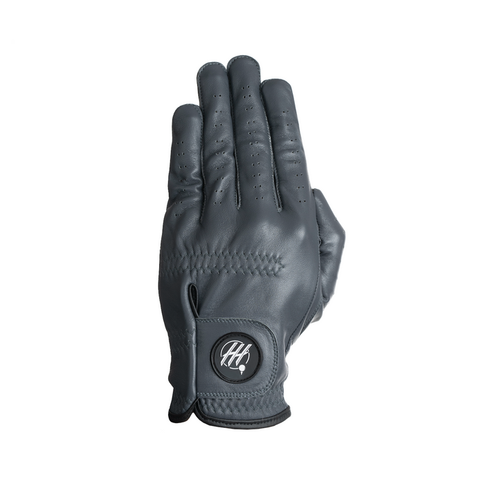 Premium golf glove for lefties in black leather with ventilation holes and adjustable wrist strap