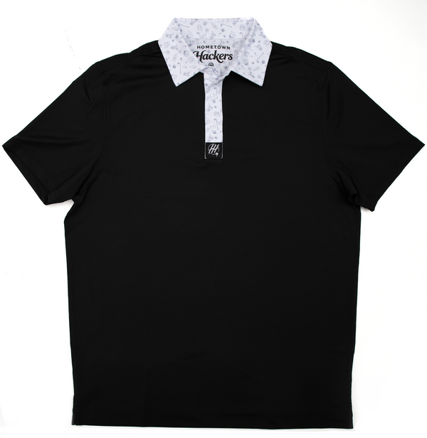 Hometown Hackers black golf polo shirt with white patterned collar premium golf polo shirts