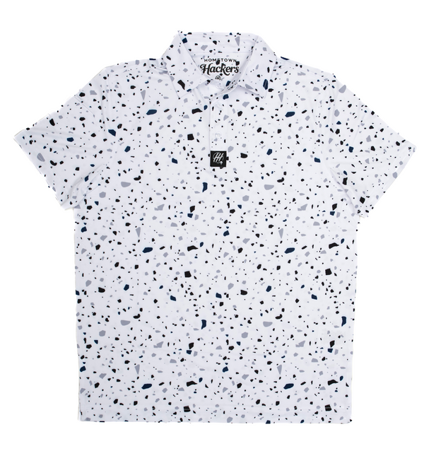 Hometown Hackers white short sleeve premium golf polo with black and blue speckled pattern