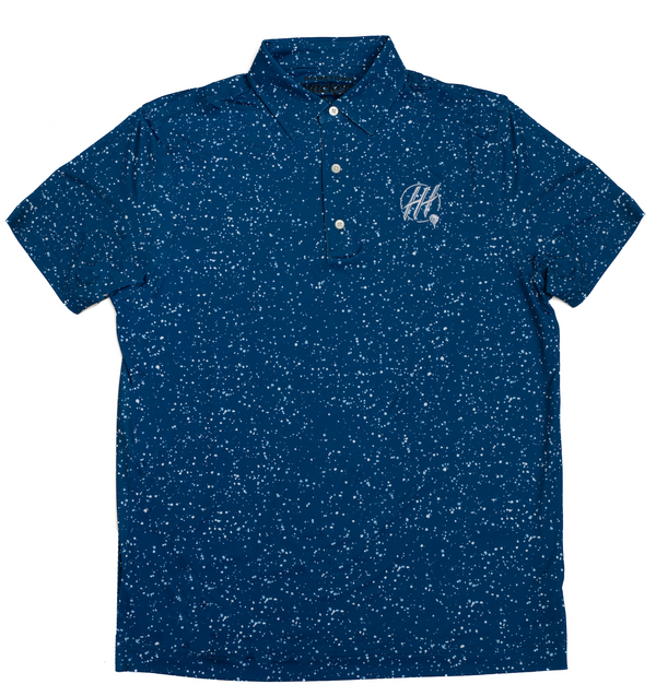 Hometown Hackers blue speckled premium golf polo shirt with button collar and logo embroidery