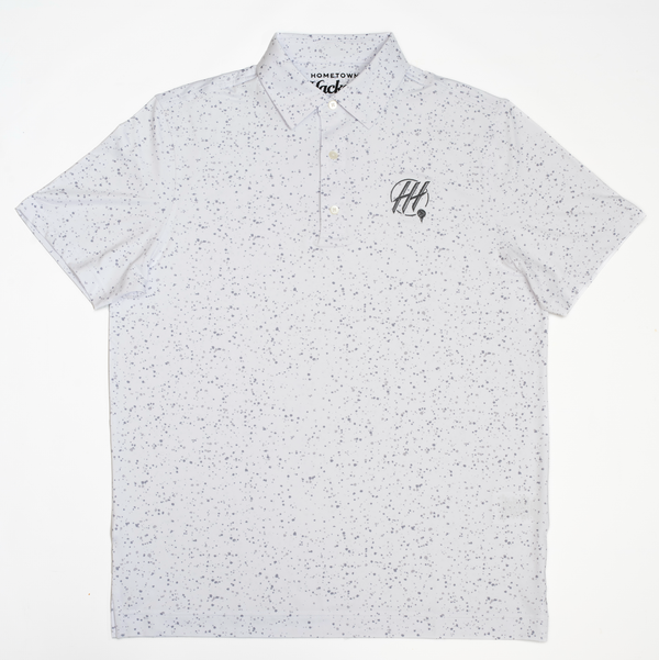 Hometown Hackers premium golf polo shirt in white with subtle speckled pattern and logo on chest