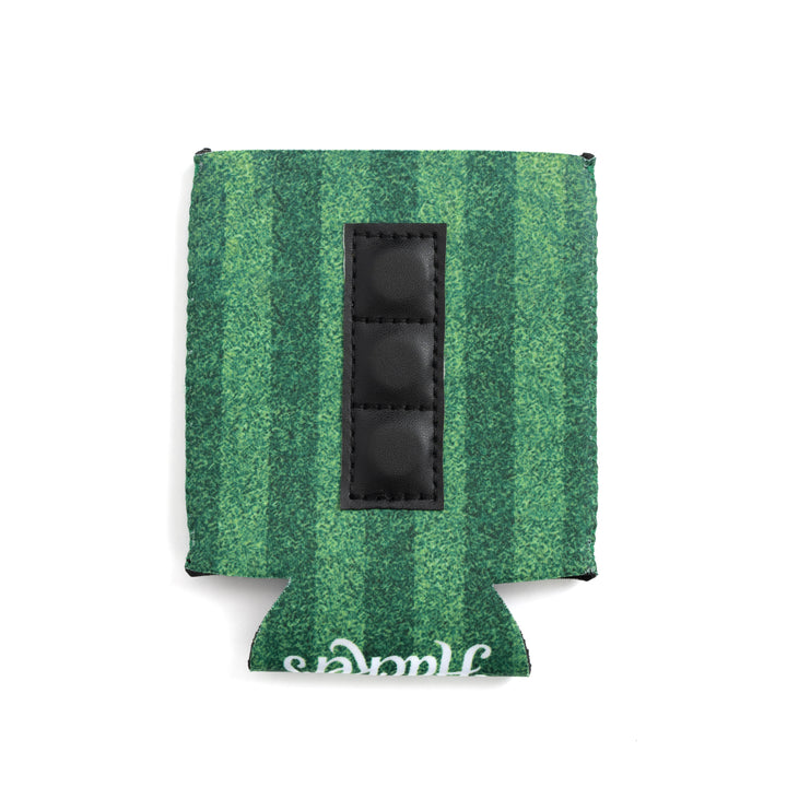 Green striped drink koozie with black magnet strap for beverage insulation