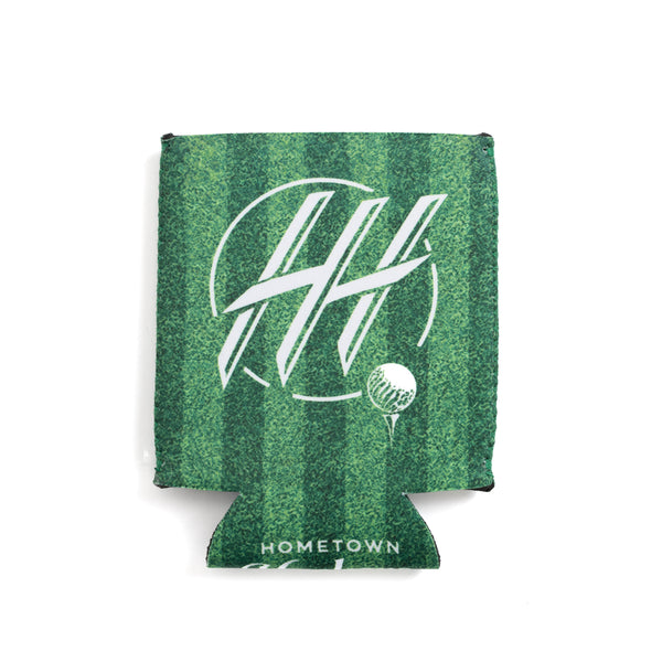 Green striped drink koozie with white HH logo and golf ball design for beverage insulation