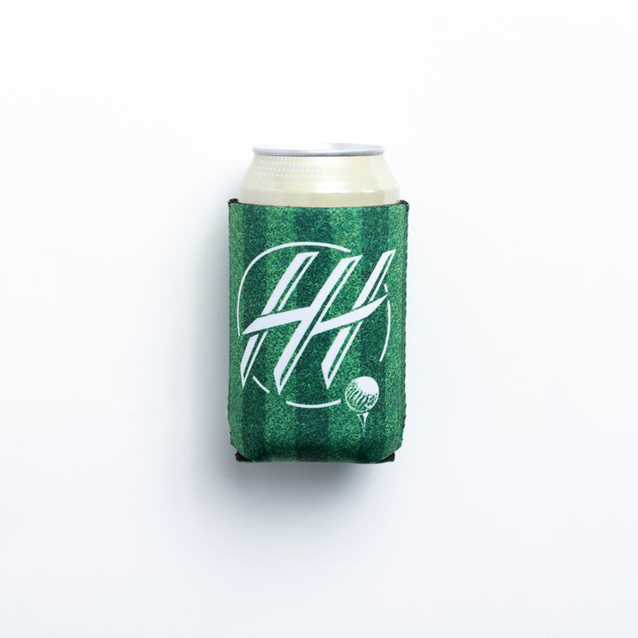 Green striped drink koozie with white logo holding a beverage can on white background
