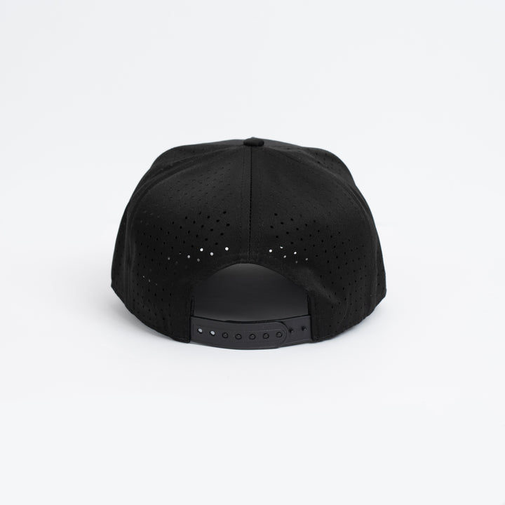 Back view of black premium golf hat with adjustable snapback and ventilation holes