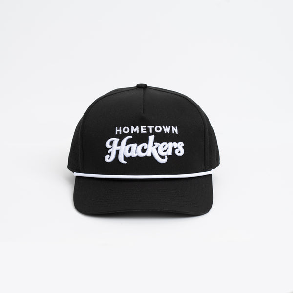 Black premium golf hat with white embroidered Hometown Hackers text and white trim detail