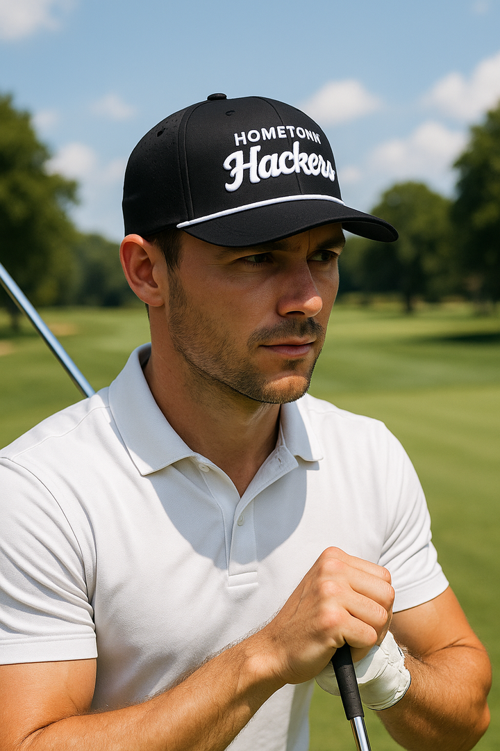 Man wearing a premium golf hat with white text on a black cap while playing golf on a sunny day