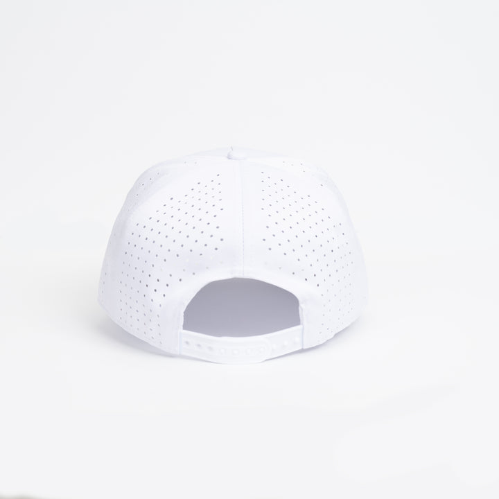 Back view of white premium golf hat with adjustable strap and ventilation holes