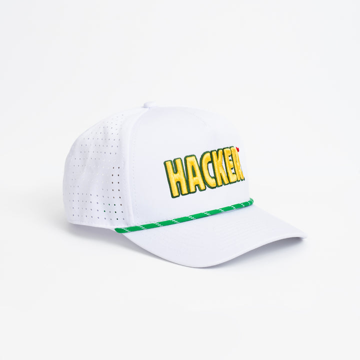 White premium golf hat with perforated side panels and yellow Hackers embroidery