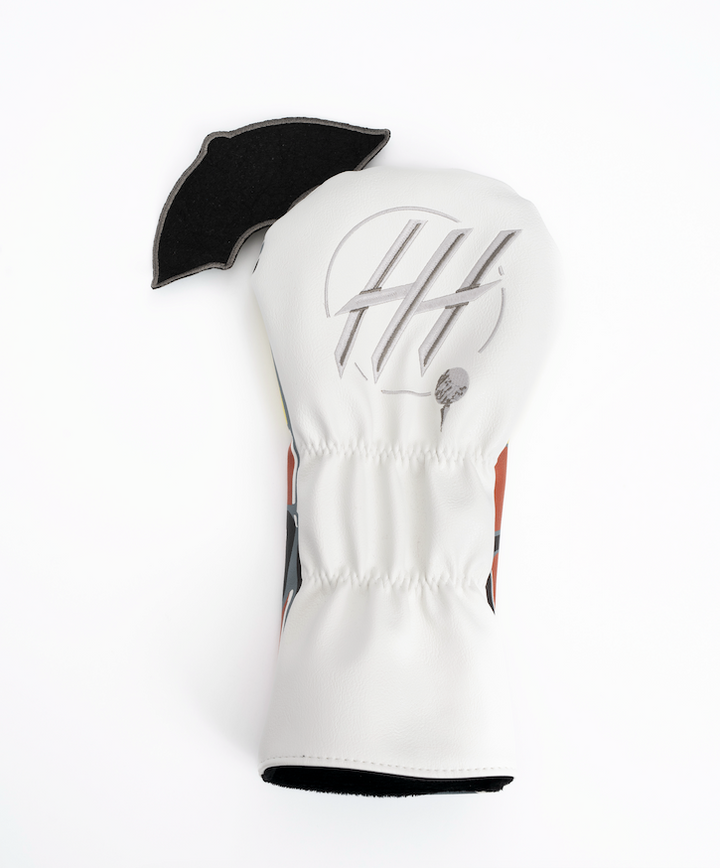 White premium golf headcover with black top and embroidered logo for golf club protection