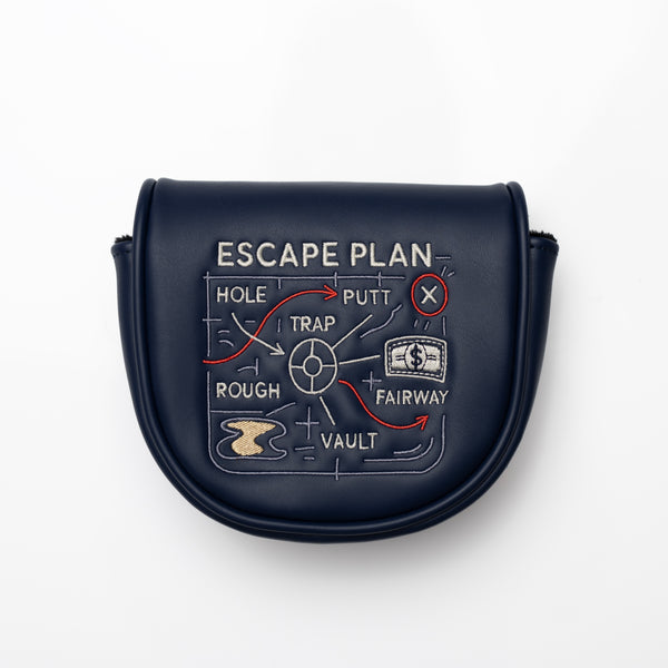 Hometown Hackers premium golf putter cover with escape plan design and blue leather finish