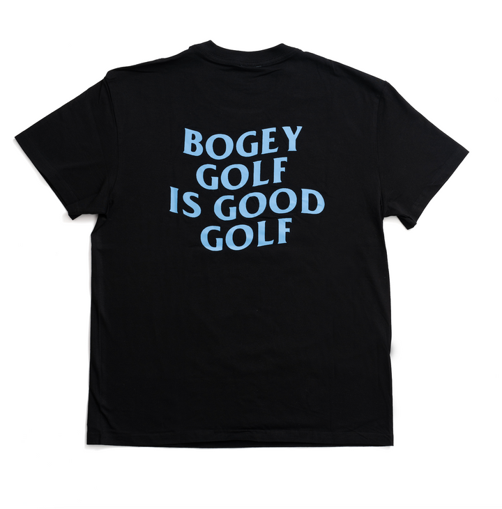 Black premium golf t-shirt with blue text reading Bogey Golf Is Good Golf on the back