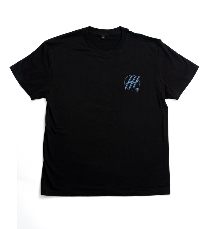 Black premium golf t-shirt with subtle blue logo on chest from My Store