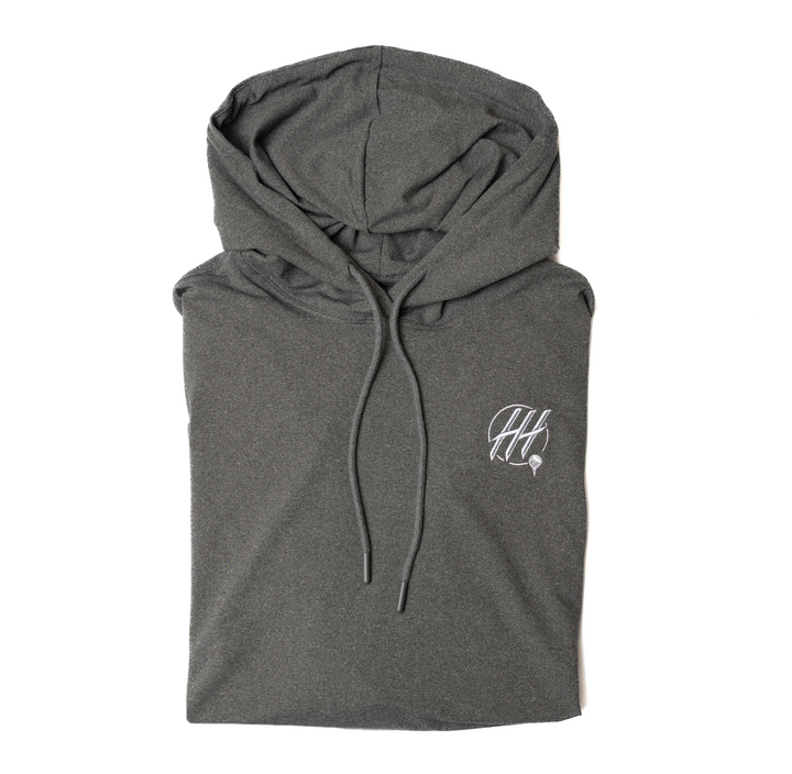 Hometown Hackers performance hoodie in dark gray folded with logo and premium outerwear quality