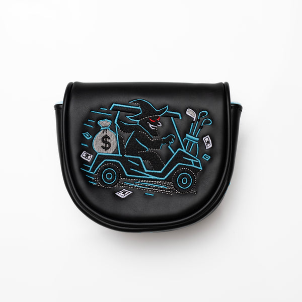 Hometown Hackers black golf putter headcover with embroidered gangster driving golf cart design