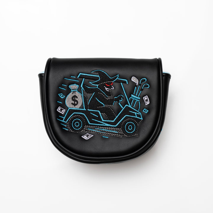 Hometown Hackers black golf putter headcover with embroidered gangster driving golf cart design