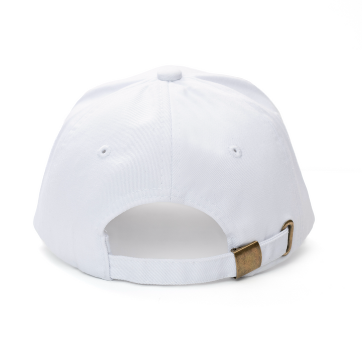 Back view of a white dad hat by Hometown Hackers with adjustable strap and metal buckle